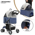 MoNiBloom 4-Wheel Foldable Pet Stroller, 33 lbs, Navy Blue