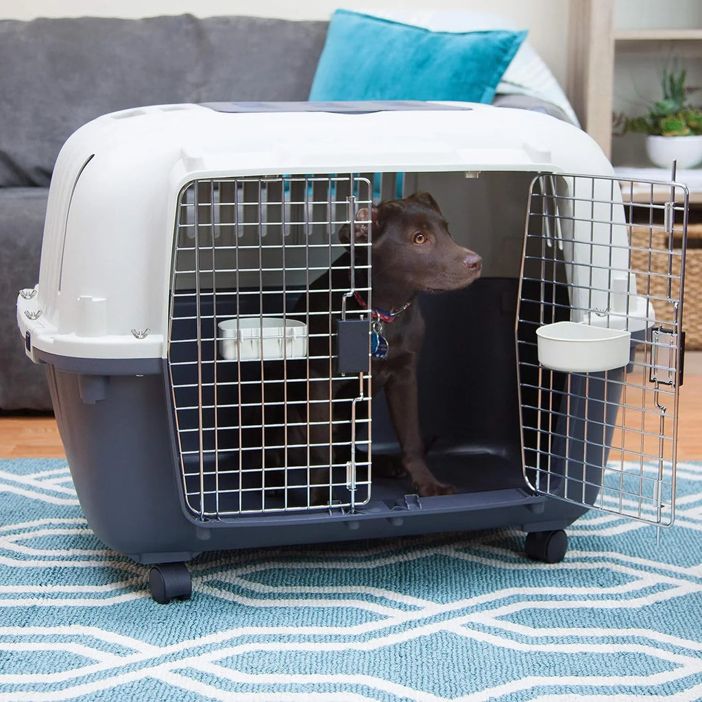 SportPet Designs Plastic Airline Approved Rolling Dog Kennel With Wire Door, XXX-Large, Gray, 48in L x 32in W x 36in H