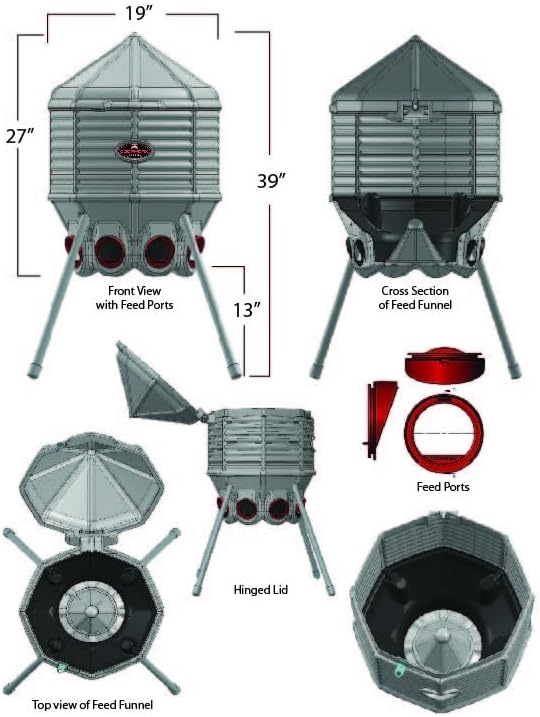 80lb Poultry Feeder, Adjustable Height, UV Stable, Weather Resistant, 8 Ports, Made In USA
