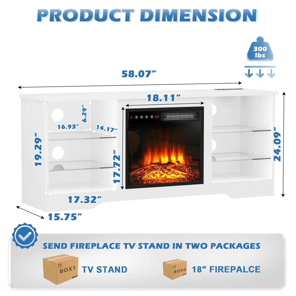 Waleaf TV Stand With 18 in Electric Fireplace And Adjustable Glass Shelves - TVs Up To 65 inch