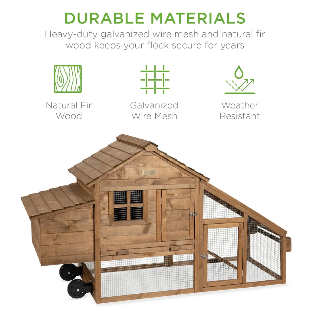 Best Choice Products Mobile Fir Wood Chicken Coop Tractor, 70in, Wheels, 2 Doors, Nest Box, Removable Tray