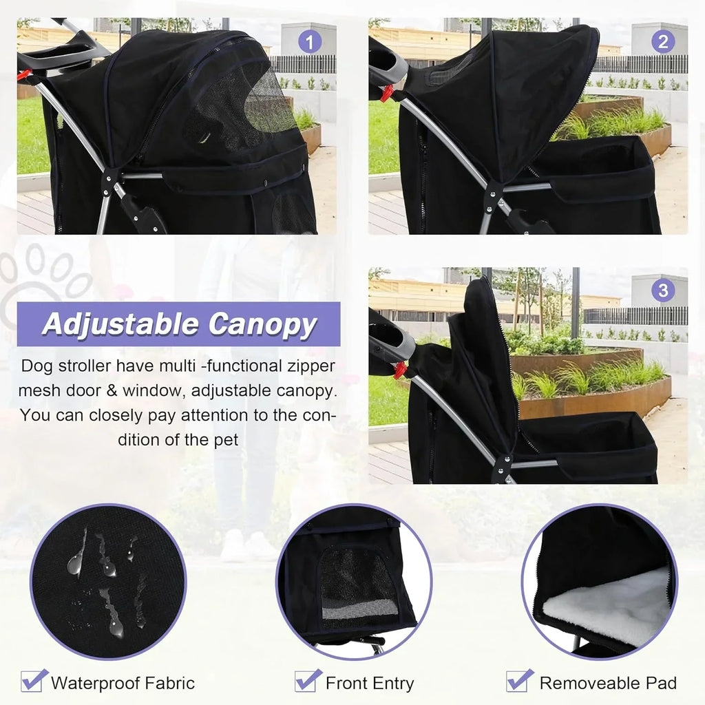 Folding Pet Stroller With 4 Wheels, Cup Holder And Storage Basket, Black