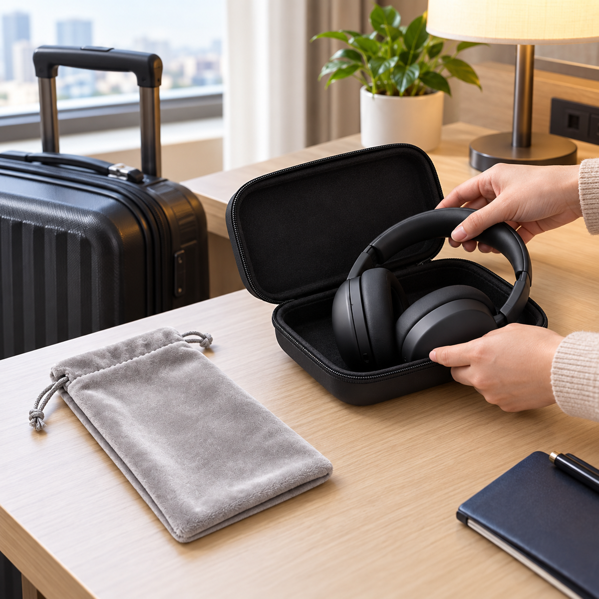 Headphone Travel Accessory Kit with Hard EVA Case & Velvet Pouch