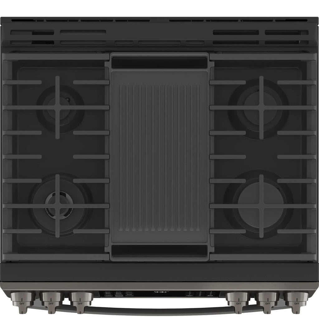 GE APPLIANCES Profile 30in Smart Slide-In Front-Control Gas Range, Black Stainless - PGS930BPTS