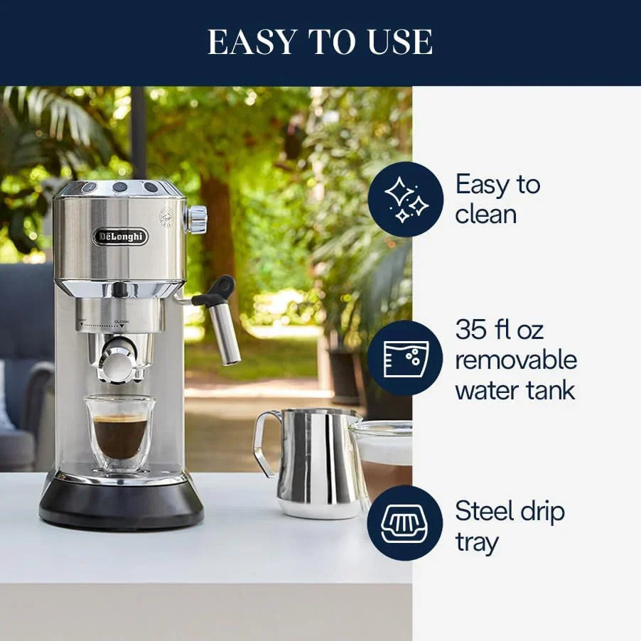 De'Longhi Dedica Espresso Machine With Manual Milk Frother, 1 Liters, Silver - EC680M