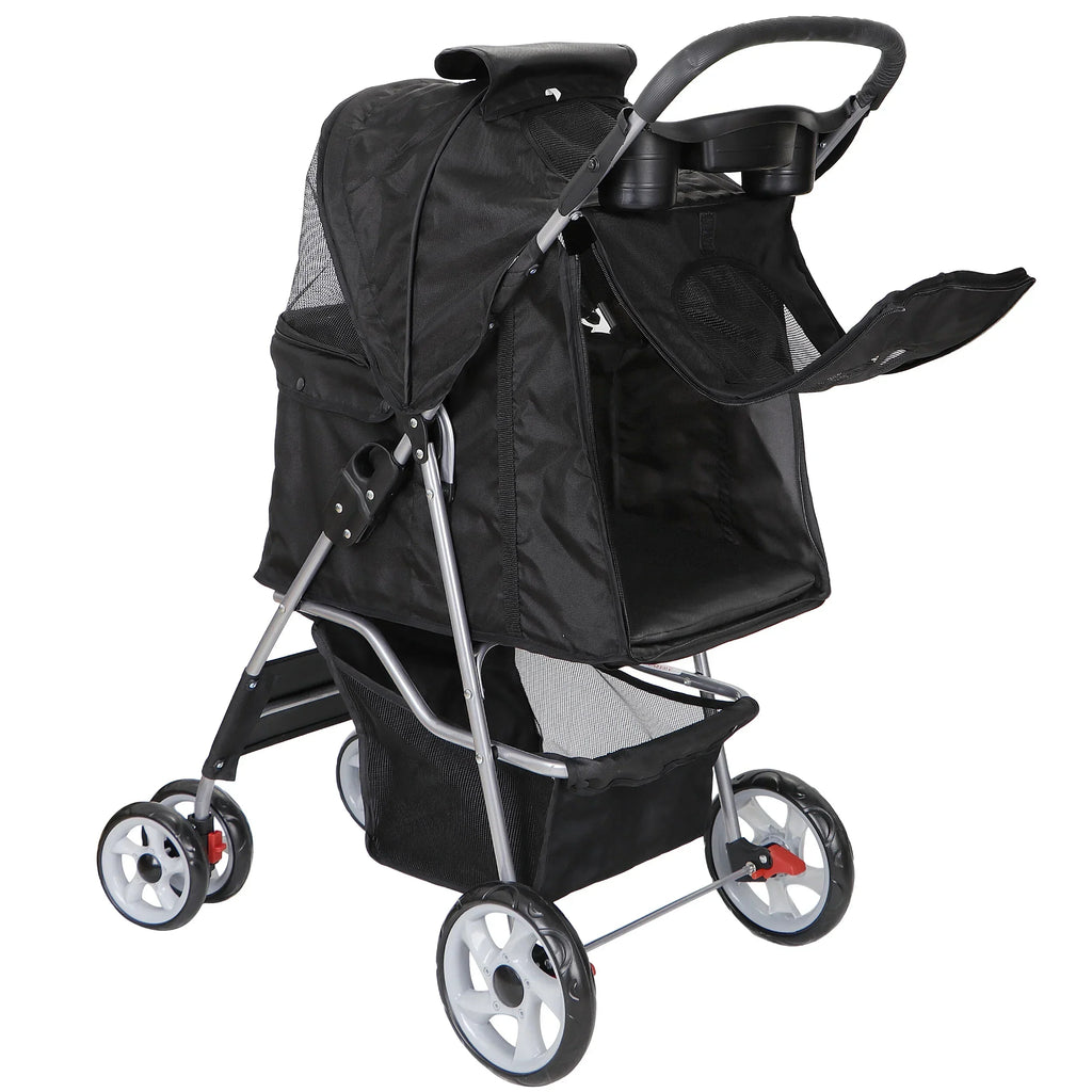 HomGarden 4 Wheel Foldable Pet Stroller Carrier Cart With Storage Basket And Cup Holder - Black