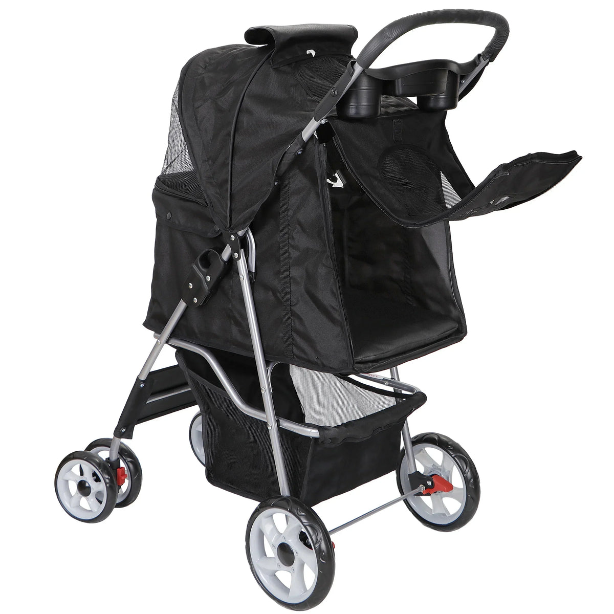 HomGarden 4 Wheel Foldable Pet Stroller Carrier Cart With Storage Basket And Cup Holder - Black
