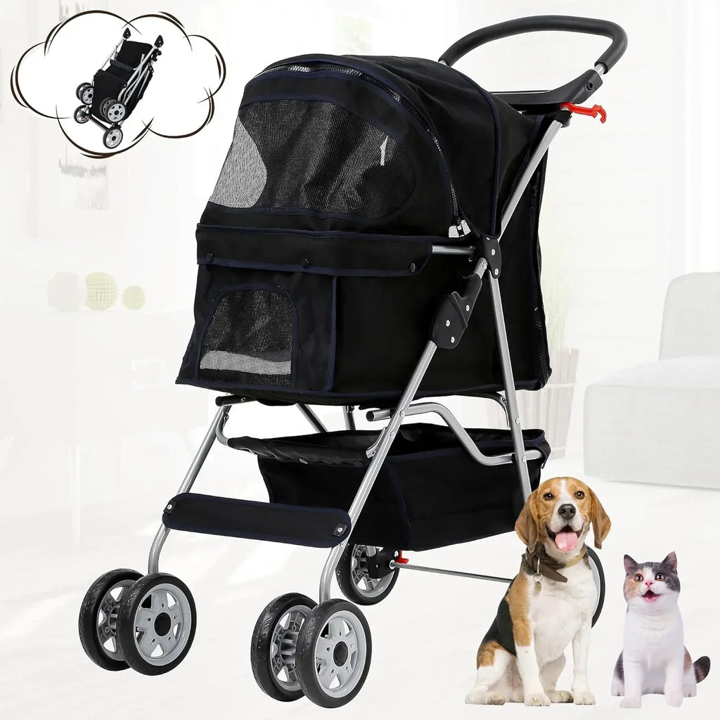 Folding Pet Stroller With 4 Wheels, Cup Holder And Storage Basket, Black