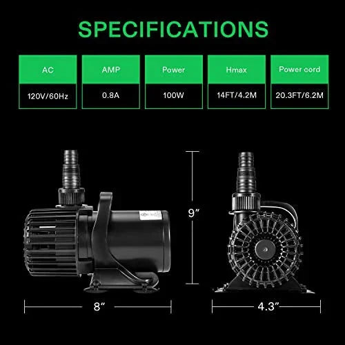 VIVOSUN Submersible Water Pump 1600 GPH 100W - Pond And Aquarium