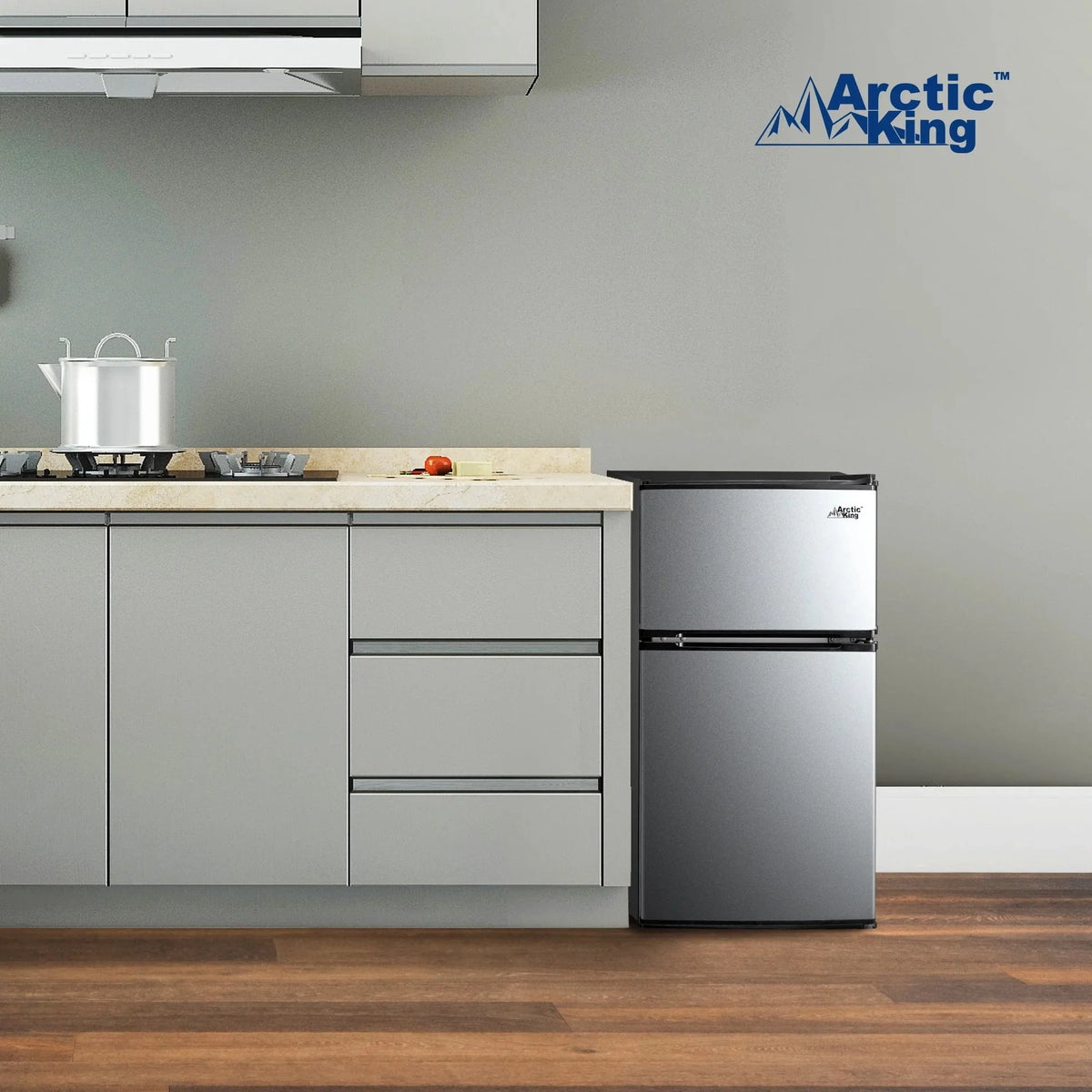 Arctic King Two-Door Mini Fridge With Freezer, 3.2 Cu ft, 18.5 in x 19.4 in x 33.3 in, Stainless Steel - E-Star