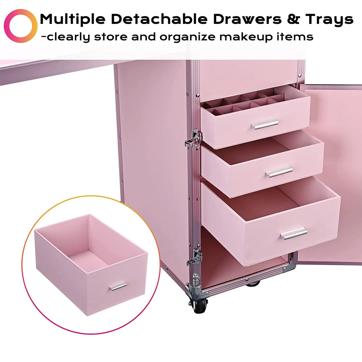 BYOOTIQUE Mobile Nail Station Rolling Makeup Train Case With Mirror, 4 Drawers - Pink