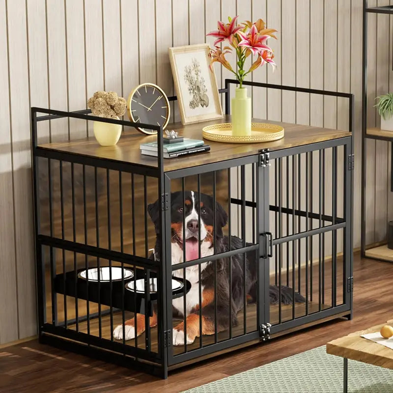 ROOMTEC Large Dog Crate Furniture With Adjustable Bowls, Steel Frame, 48in x 30.3in x 43in