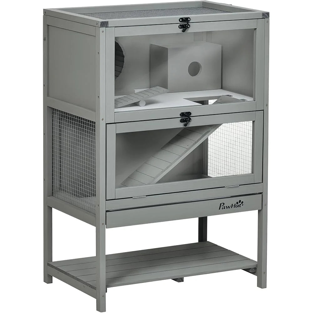PawHut Wooden Hamster Cage With Lower Storage Shelf And Running Wheel