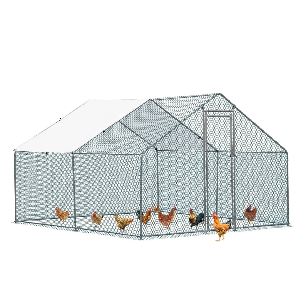 10 x 10 ft Metal Chicken Coop Walk-In Poultry Cage With Waterproof Cover