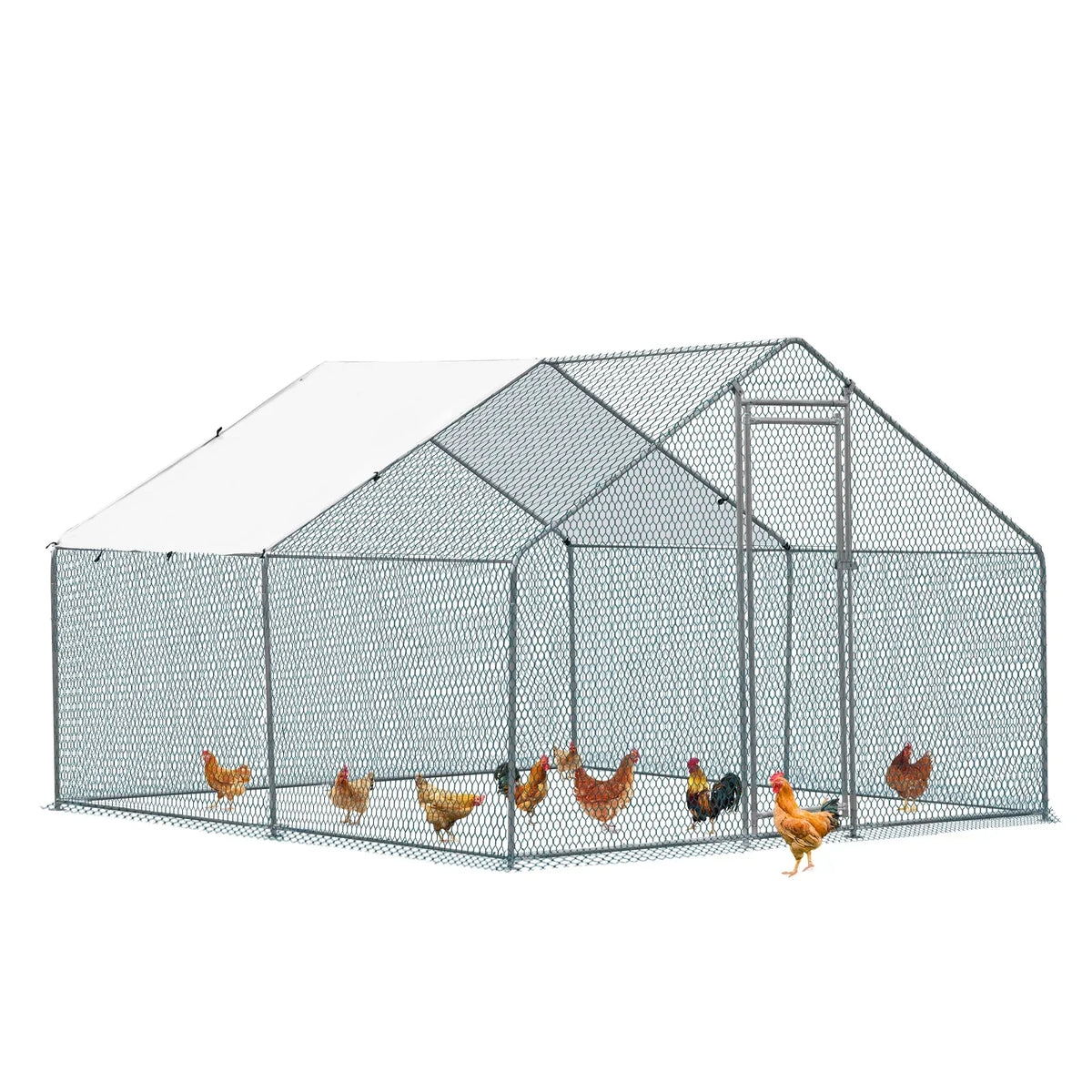 10 x 10 ft Metal Chicken Coop Walk-In Poultry Cage With Waterproof Cover