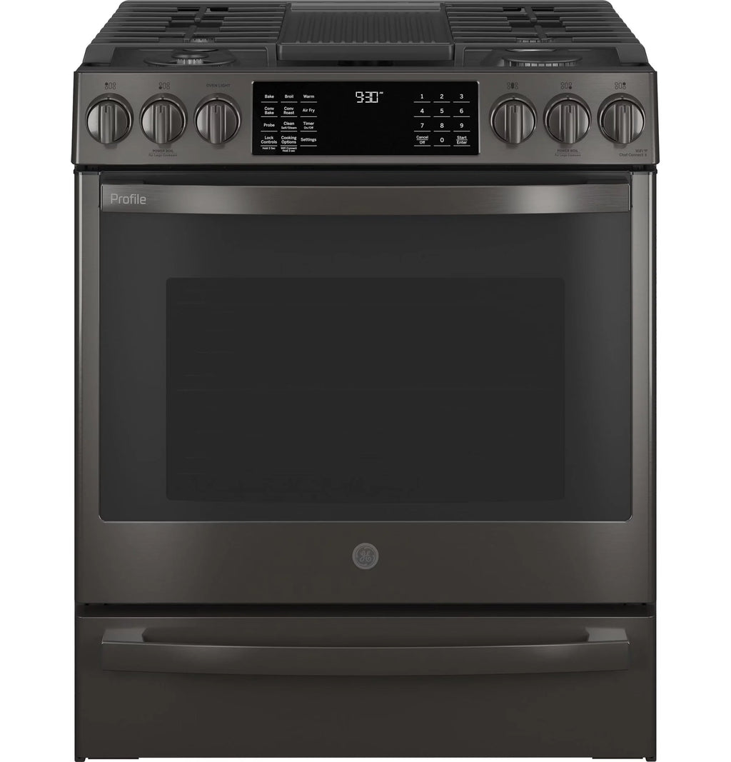 GE APPLIANCES Profile 30in Smart Slide-In Front-Control Gas Range, Black Stainless - PGS930BPTS