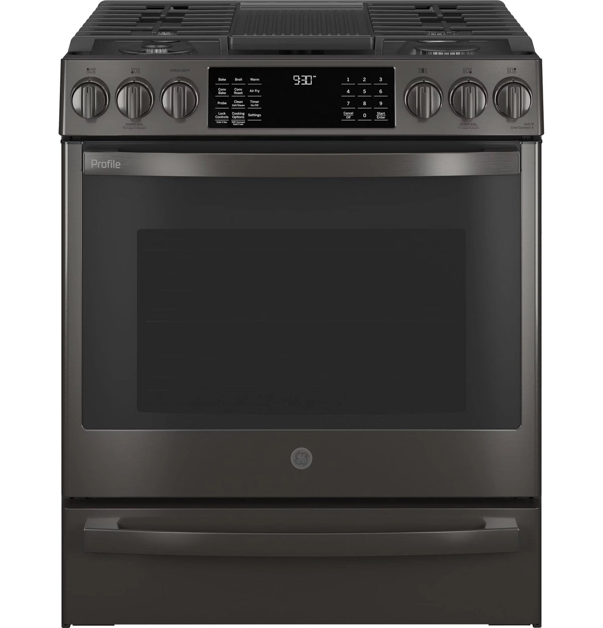 GE APPLIANCES Profile 30in Smart Slide-In Front-Control Gas Range, Black Stainless - PGS930BPTS