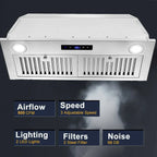 30 Inch Built-In Range Hood 800 CFM 3-Speed Touch Control