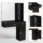 OmySalon Wall Mount Salon Station With Mirror, 1 Storage Cabinet, 2 Drawers And 3-Tier Shelf - Black