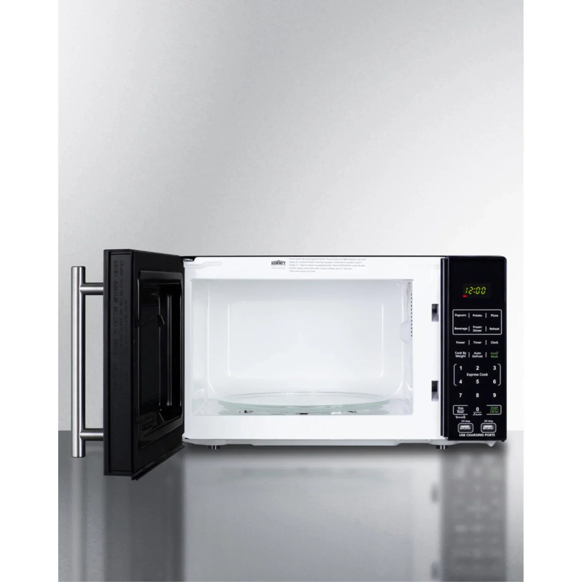 Compact Countertop Microwave, Black With 2 USB Ports And Built-In Power Allocator