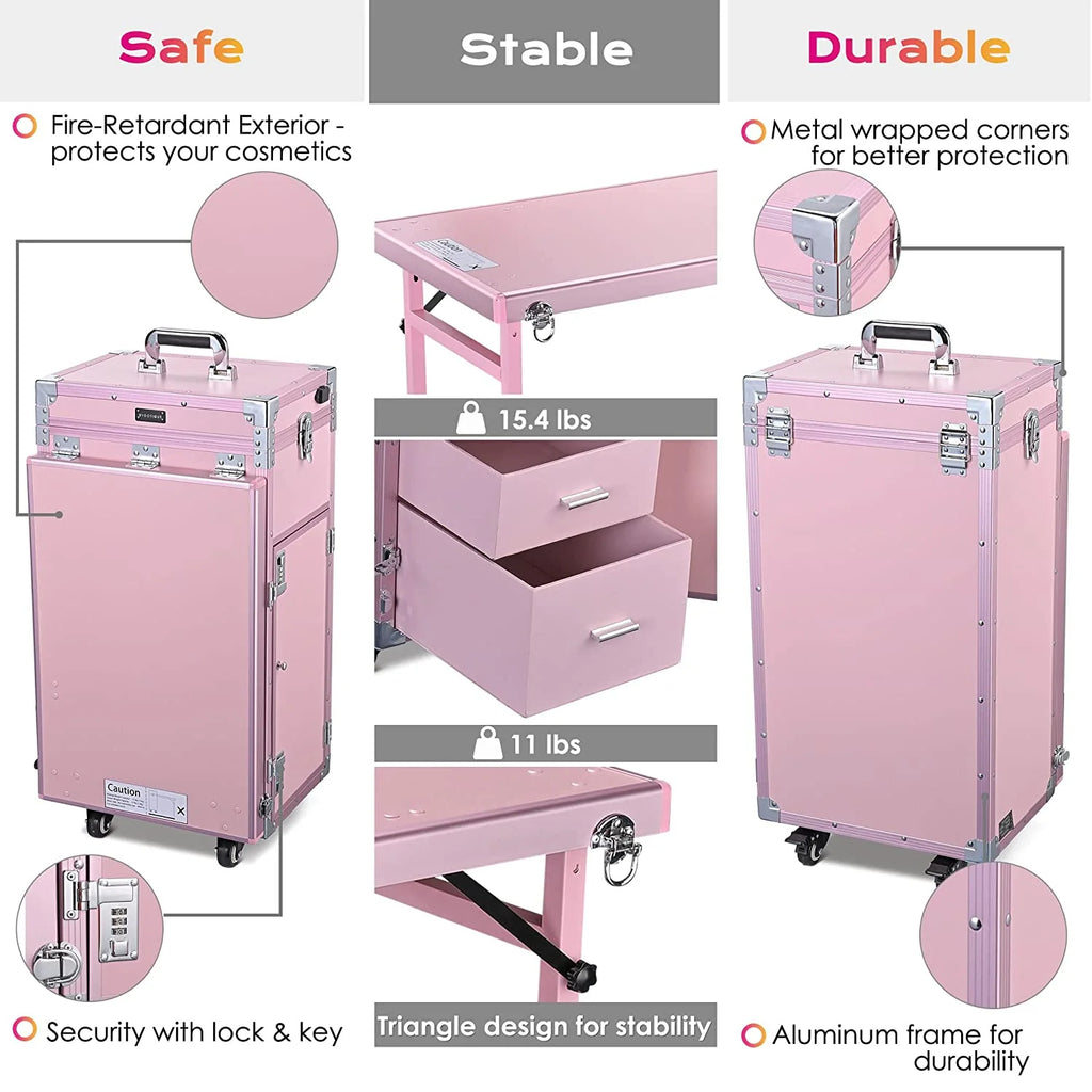 BYOOTIQUE Mobile Nail Station Rolling Makeup Train Case With Mirror, 4 Drawers - Pink