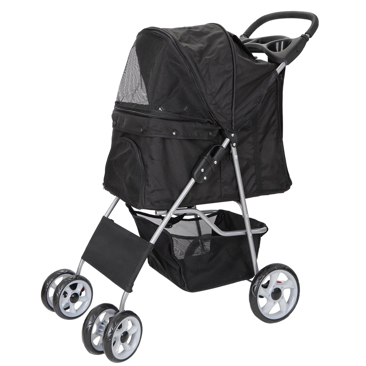 HomGarden 4 Wheel Foldable Pet Stroller Carrier Cart With Storage Basket And Cup Holder - Black