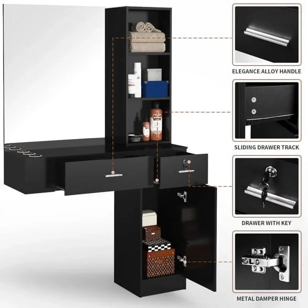 OmySalon Wall Mount Salon Station With Mirror, 1 Storage Cabinet, 2 Drawers And 3-Tier Shelf - Black
