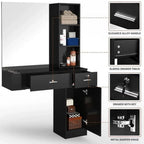 OmySalon Wall Mount Salon Station With Mirror, 1 Storage Cabinet, 2 Drawers And 3-Tier Shelf - Black