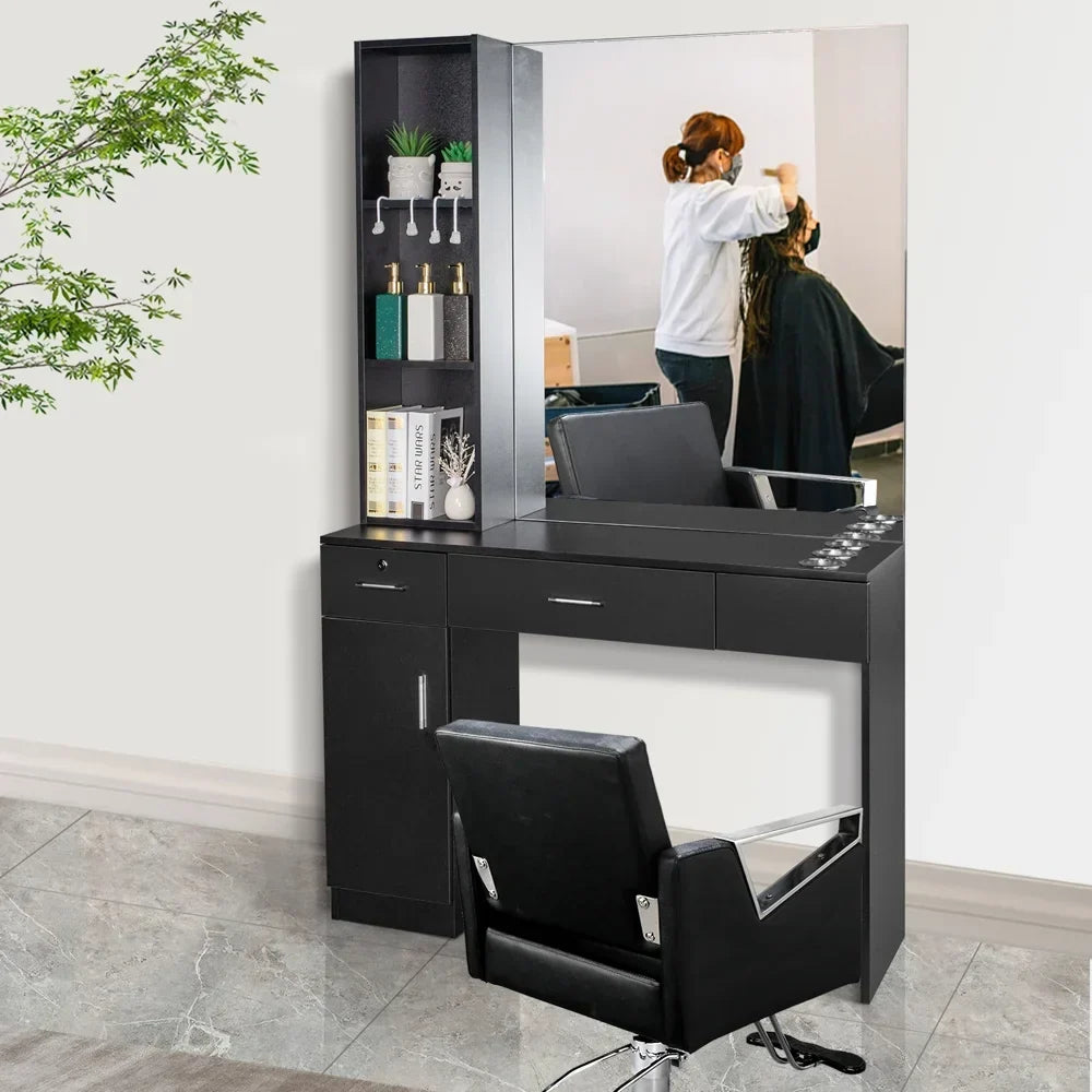 OmySalon Wall-Mount Barber Station With Mirror, 2 Drawers, 1 Storage Cabinet And 3 Open Shelves