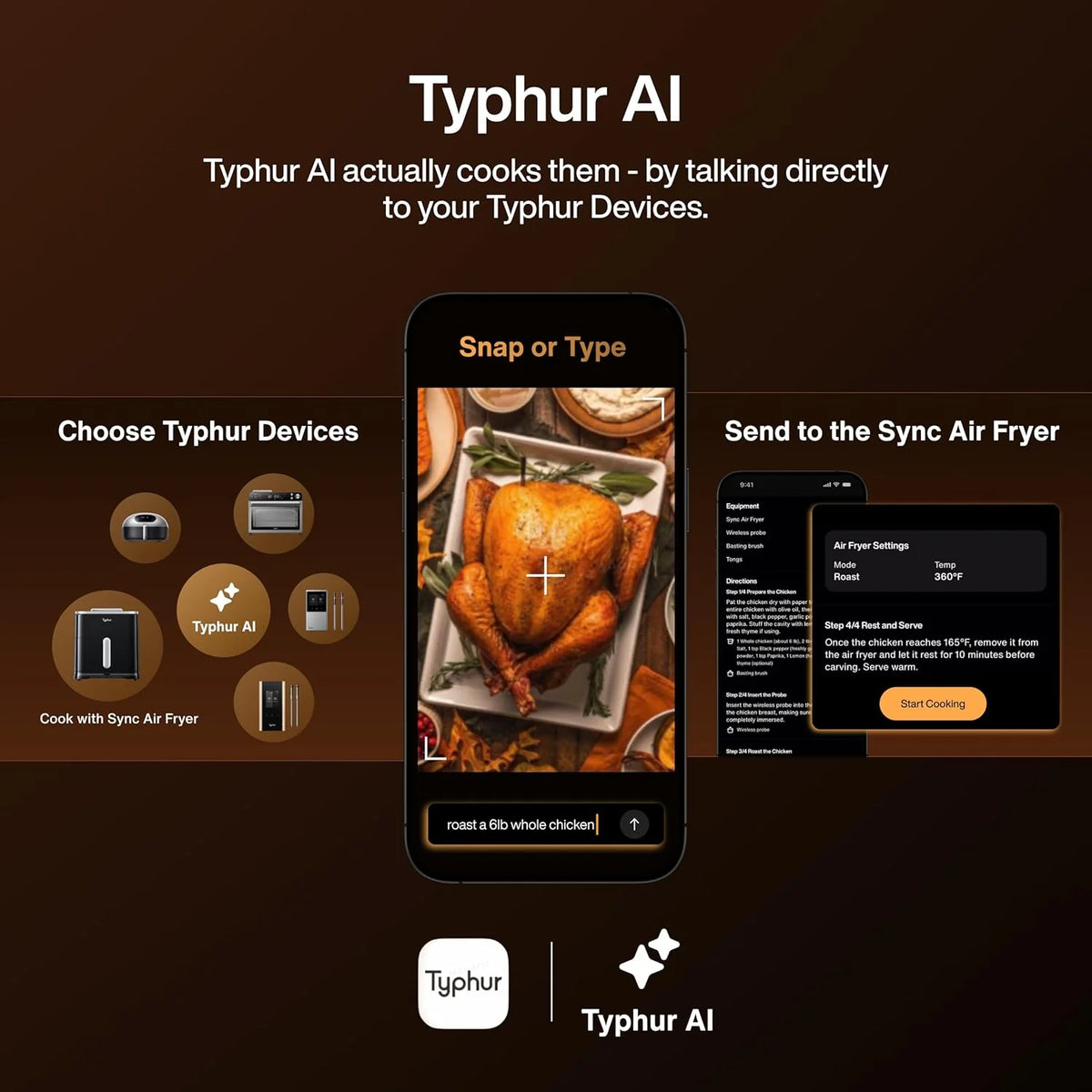 Typhur Sync AI Smart Air Fryer, 8QT Ceramic, Wireless Meat Thermometer, 450F, 120V