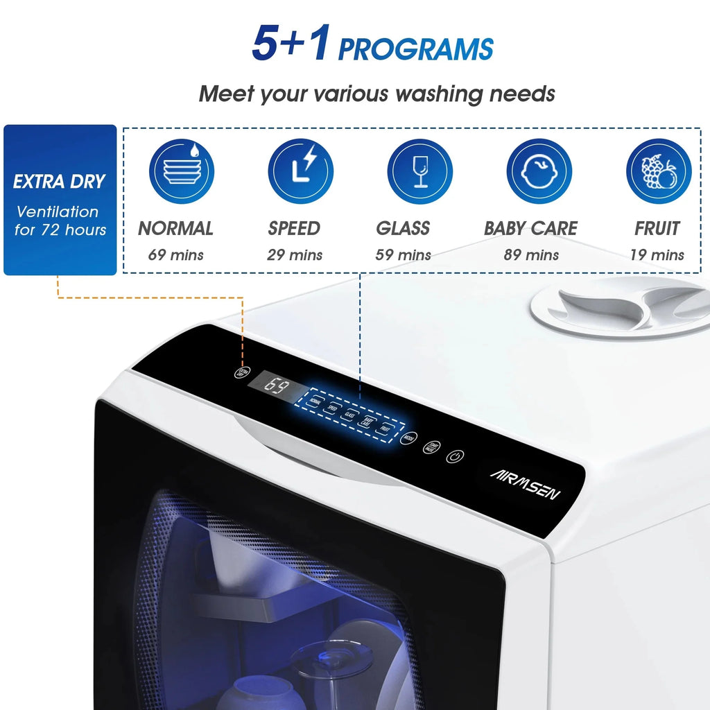 AIRMSEN Portable Countertop Dishwasher With 5L Built-In Water Tank And 5 Washing Programs - AE-TDQR03
