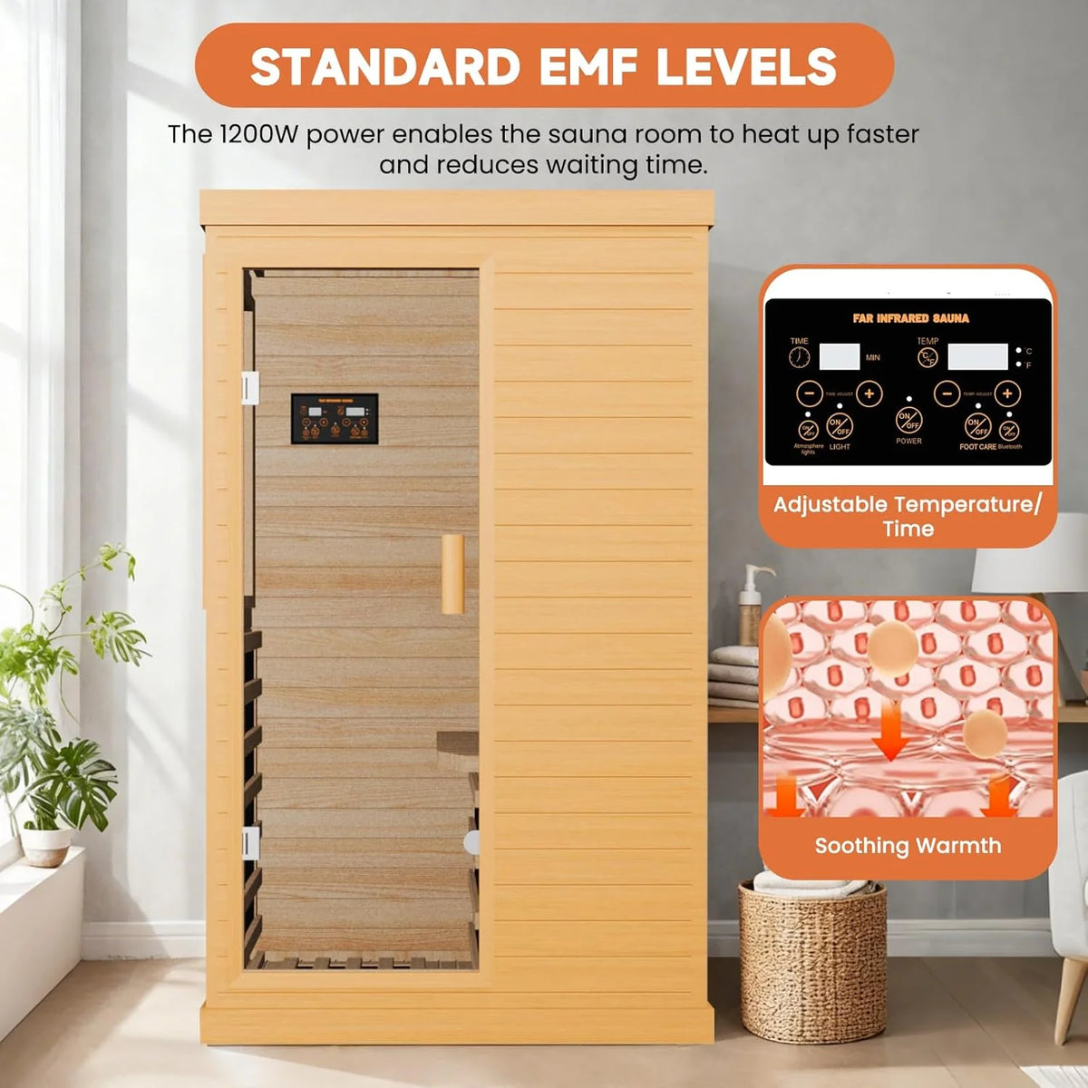 Far Infrared Home Sauna Spa Room, Canadian Hemlock Wood, 1200W, 110V, 35.2 x 27.6 x 61.6 Inch