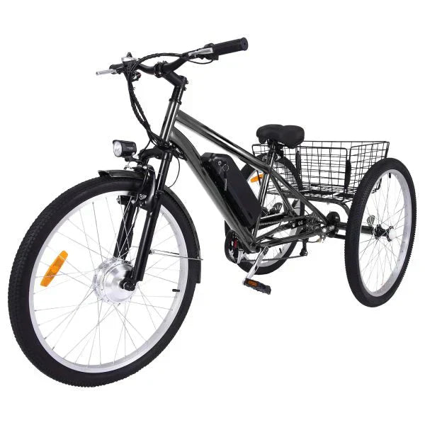 26 Inch Adult 3 Wheel Electric Tricycle with Basket, Fat Tires,7 Speeds,350W Powerful Motor, 36V 10Ah Removable Battery  Dark Gray