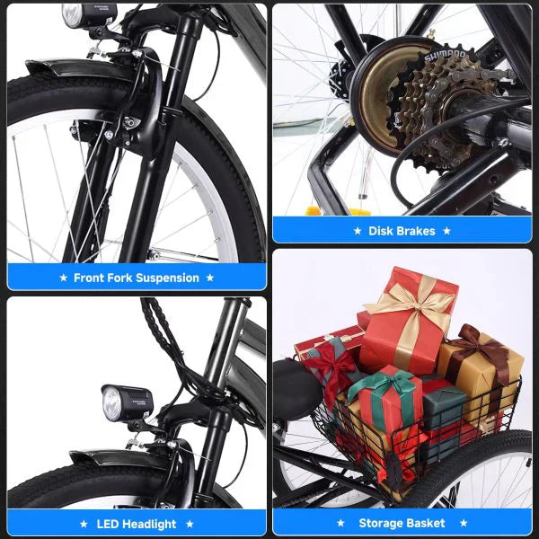 26 Inch Adult 3 Wheel Electric Tricycle with Basket, Fat Tires,7 Speeds,350W Powerful Motor, 36V 10Ah Removable Battery  Dark Gray