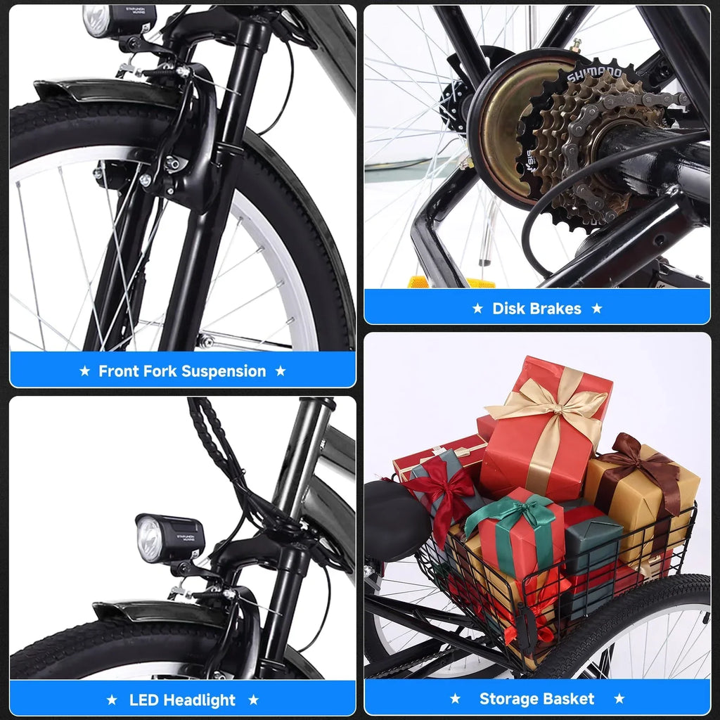 26 Inch Adult 3 Wheel Electric Tricycle with Basket, Fat Tires,7 Speeds,350W Powerful Motor, 36V 10Ah Removable Battery  Dark Gray