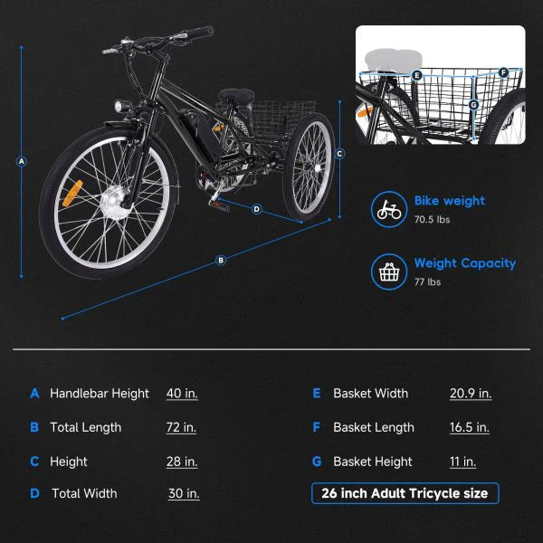 26 Inch Adult 3 Wheel Electric Tricycle with Basket, Fat Tires,7 Speeds,350W Powerful Motor, 36V 10Ah Removable Battery  Dark Gray