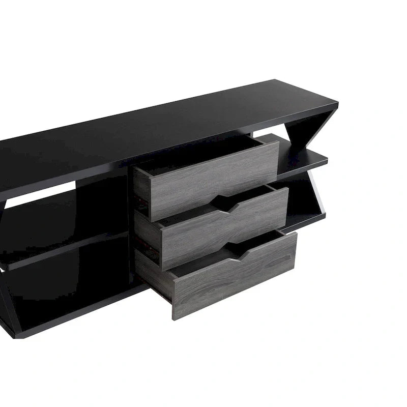 Ayala 60-Inch Modern Black and Distressed Grey TV Console with 4 Shelves and 3 Drawers