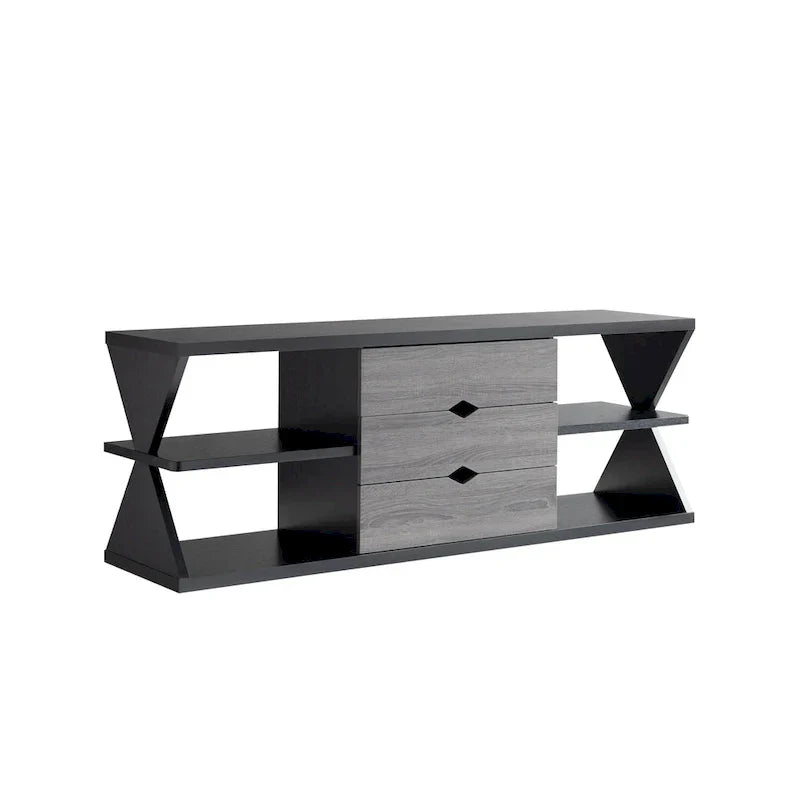 Ayala 60-Inch Modern Black and Distressed Grey TV Console with 4 Shelves and 3 Drawers