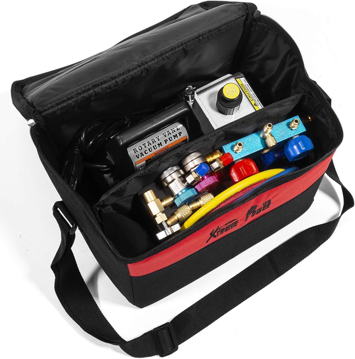 Premium 4CFM Air Vacuum Pump HVAC A/C Refrigeration Kit AC Manifold Gauge Case Set R134a Tap w/Leak Detector and Carrying Tote Bag