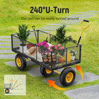 Steel Garden Cart 2-in-1 1400 lbs Heavy Duty Utility Wagon with Removable Mesh Sides to Convert into Flatbed 240?? U-Turn 13" Pneumatic Tires Garden Wagon for Farm Yard Lawn Garden Camping