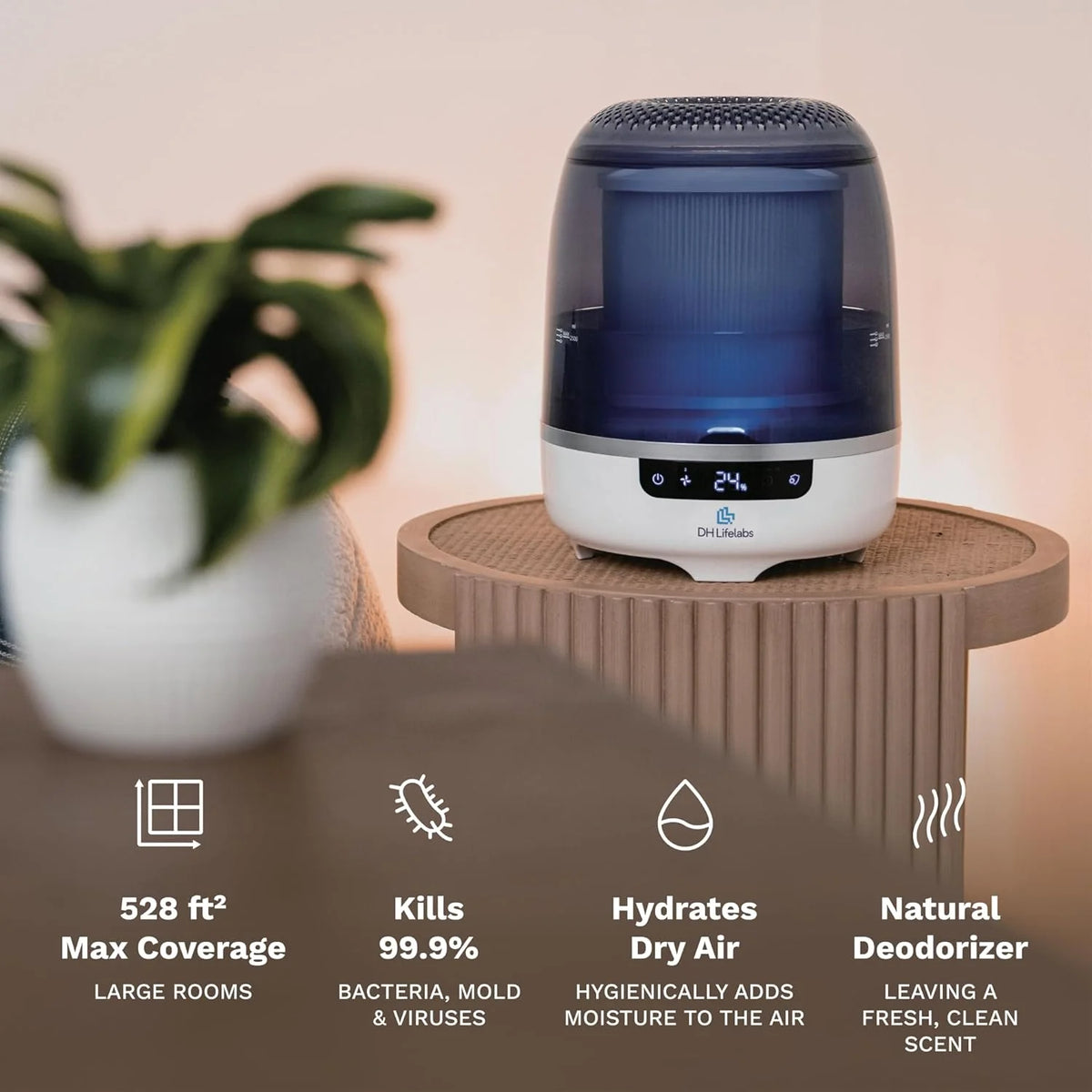 Bedroom Evaporative Humidifier, Humidifier and Air Purifier in One, with HOCL Generator, Mildew Remover, Pet Smoking Odor Eliminator, 538 Square Feet, Blue