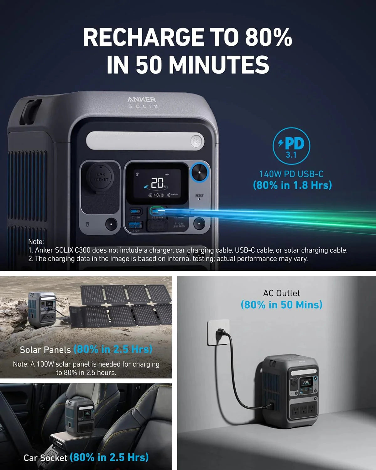 Anker Solar Generator SOLIX C300 with 60W Solar Panel, 288Wh Portable Power Station, 300W (600W Surge), LiFePO4 Battery, 140W Two-Way Fast Charging, for Outdoor Camping, Traveling, and Emergencies