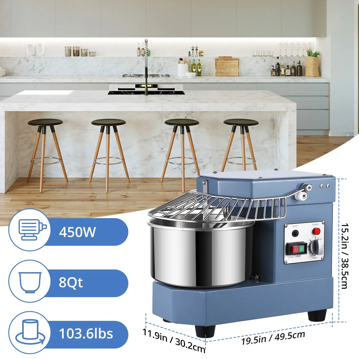 2025  8Qt Commercial Food Mixer, 450W Dual Rotating Dough Kneading Machine w Food-grade Stainless Steel Bowl, Security Shield & Timer, Commercial