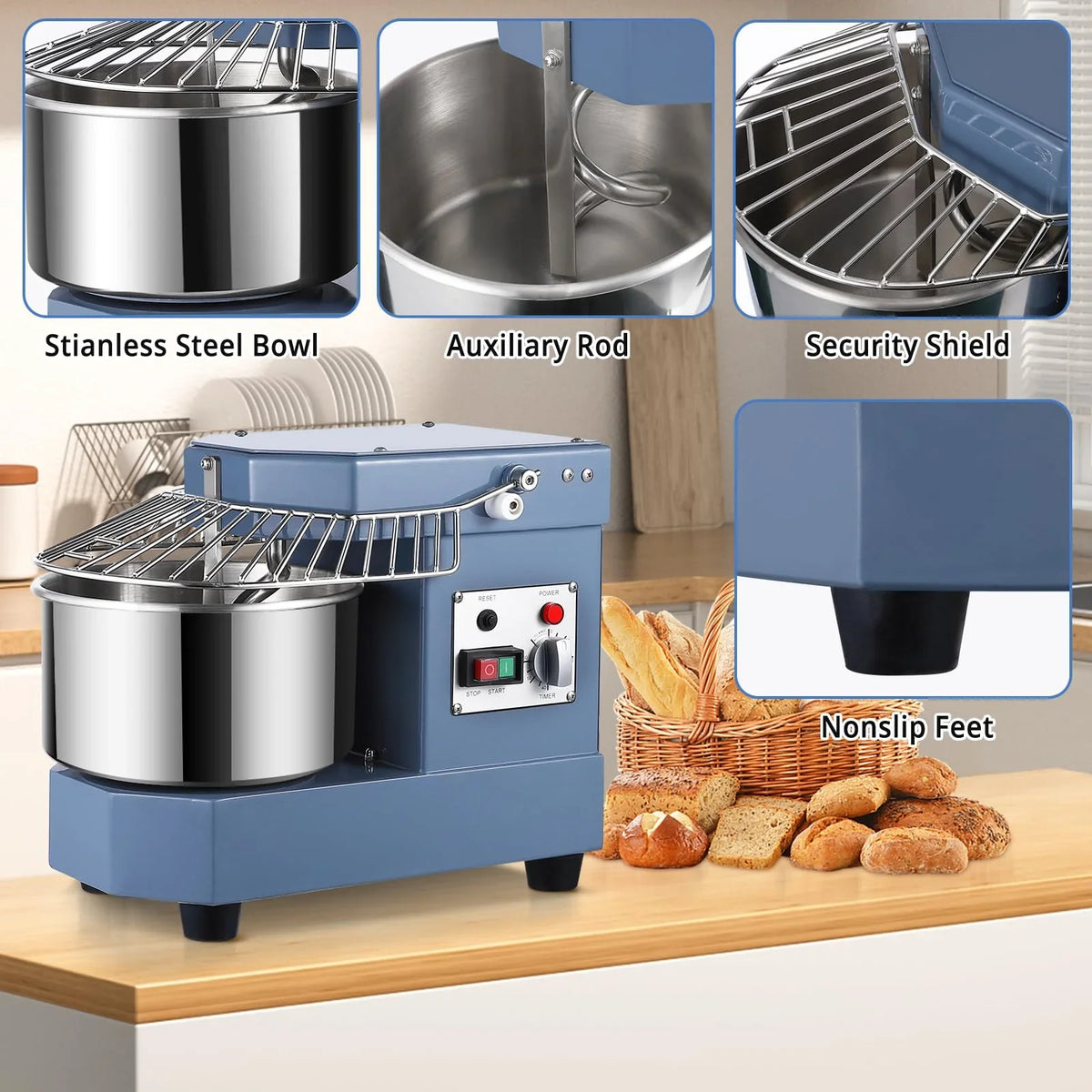 2025  8Qt Commercial Food Mixer, 450W Dual Rotating Dough Kneading Machine w Food-grade Stainless Steel Bowl, Security Shield & Timer, Commercial
