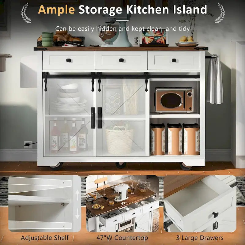 53.7-Inch Farmhouse Kitchen Island with Power Outlet, Featuring 2 Sliding Barn Doors and Drop Leaf Design