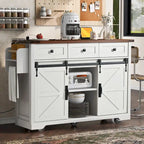 53.7-Inch Farmhouse Kitchen Island with Power Outlet, Featuring 2 Sliding Barn Doors and Drop Leaf Design
