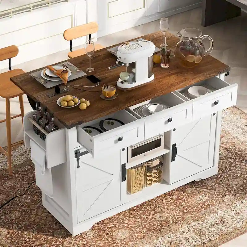 53.7-Inch Farmhouse Kitchen Island with Power Outlet, Featuring 2 Sliding Barn Doors and Drop Leaf Design