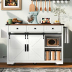 53.7-Inch Farmhouse Kitchen Island with Power Outlet, Featuring 2 Sliding Barn Doors and Drop Leaf Design