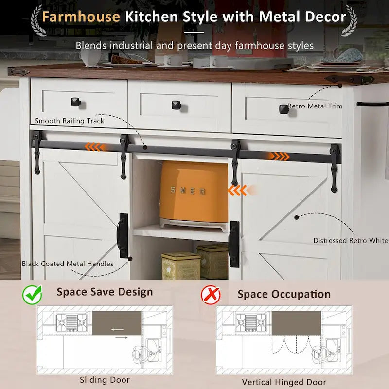 53.7-Inch Farmhouse Kitchen Island with Power Outlet, Featuring 2 Sliding Barn Doors and Drop Leaf Design