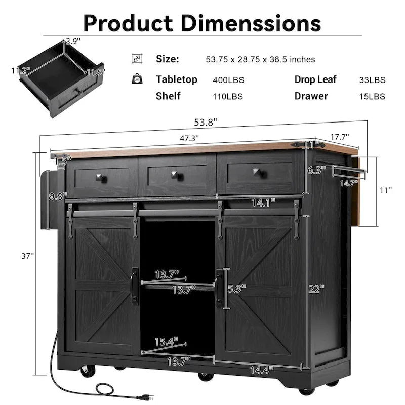 53.7-Inch Farmhouse Kitchen Island with Power Outlet, Featuring 2 Sliding Barn Doors and Drop Leaf Design
